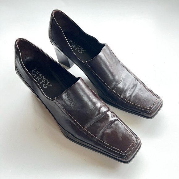 FRANCO SARTO SQUARE TOE CHUNKY HEEL BROWN LEATHER‎ WOMENS SIZE 6.5M PUMPS… - Picture 2 of 8